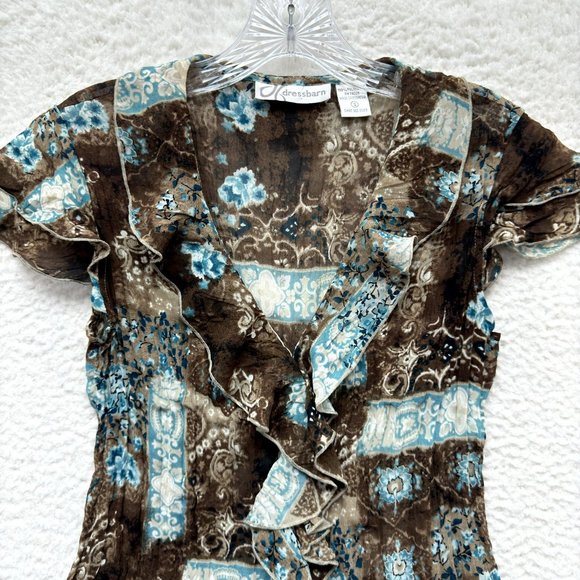Y2K Vintage Dressbarn Boho Grunge Blouse S Small Blue Brown Pattern Mesh Ruffle - Picture 3 of 7